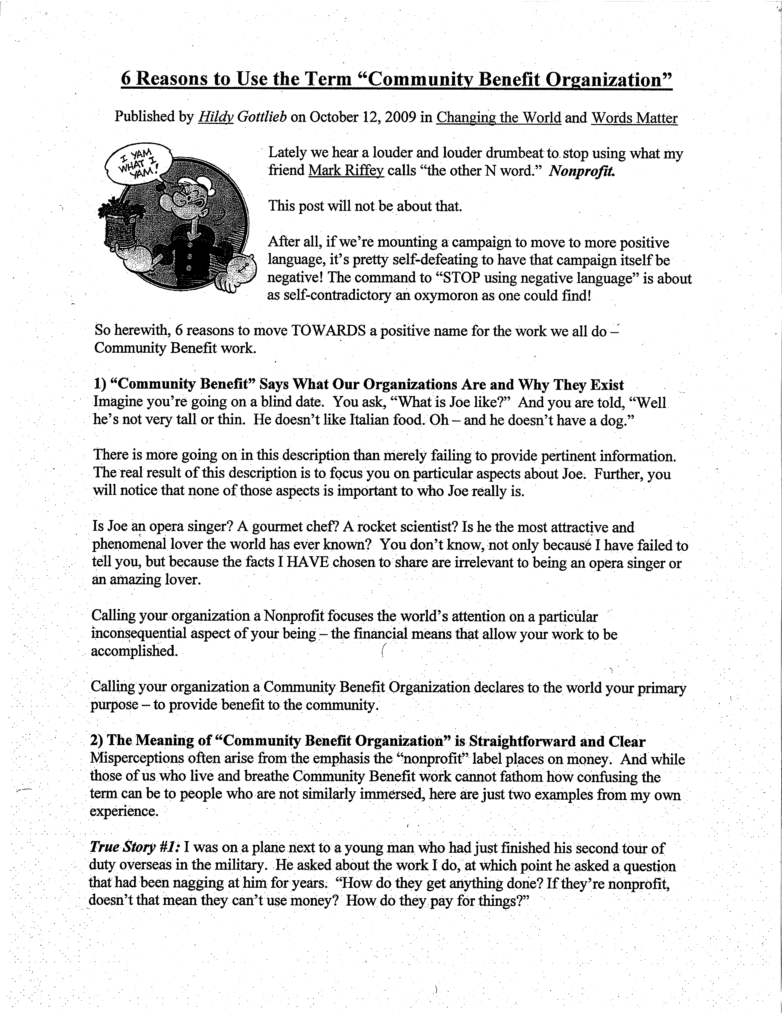 Page 1 of article titled “6 Reasons to Use the Term “Community Benefit Organization”” with an illustration near the top