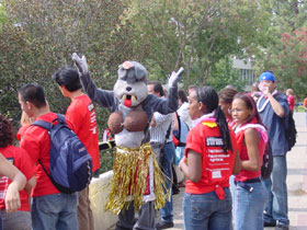 Students with Bulldog mascot Time Out
