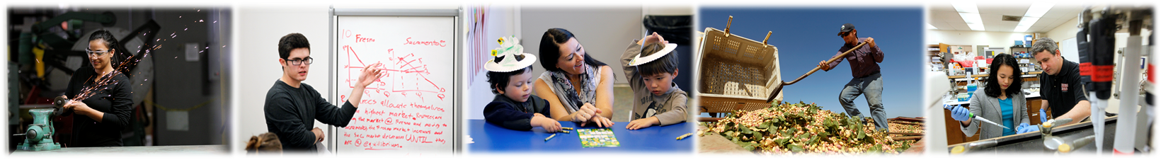 five student pictures: female student welding, male student in front of a whiteboard, female with two children, male unloading pistachios, male and female working in lab