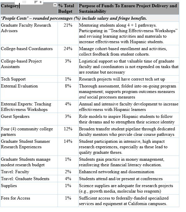Budget allocation table with categories, percentages, and purposes.