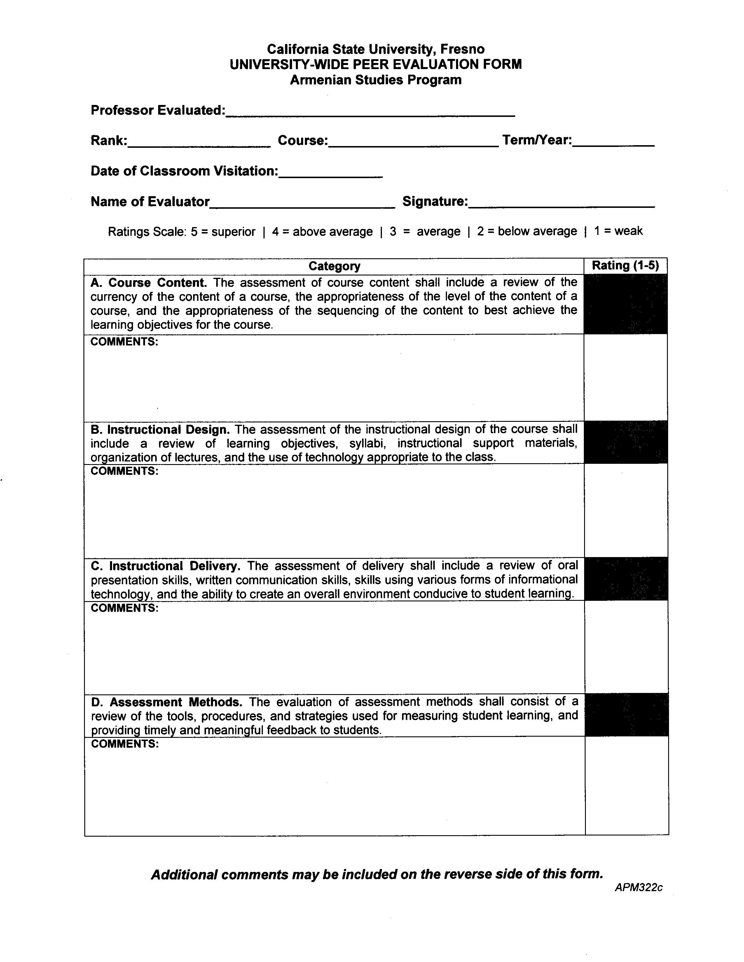 University-wide peer evaluation form for Armenian Studies Program with rating categories and comment sections