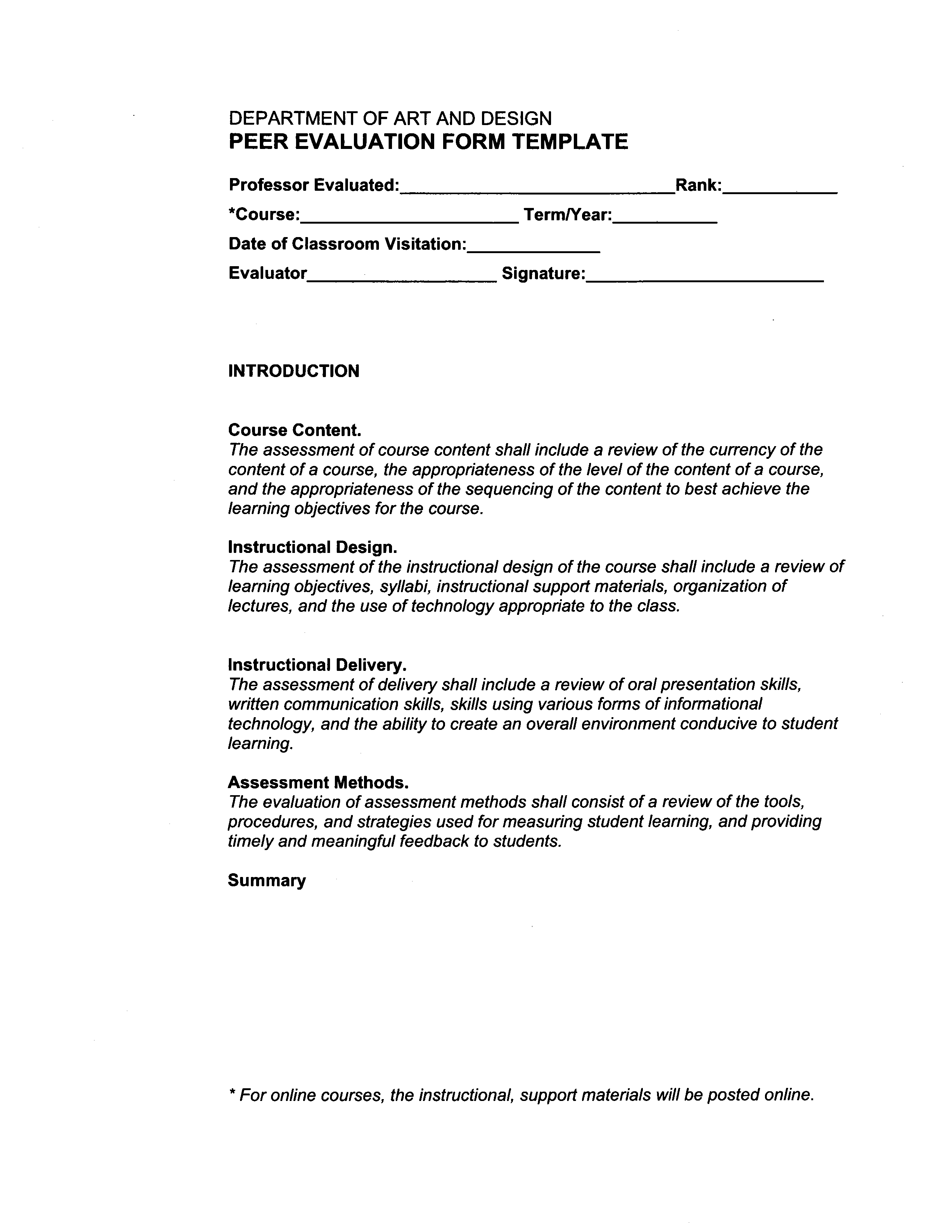 Department of Art and Design peer evaluation form template, page 6