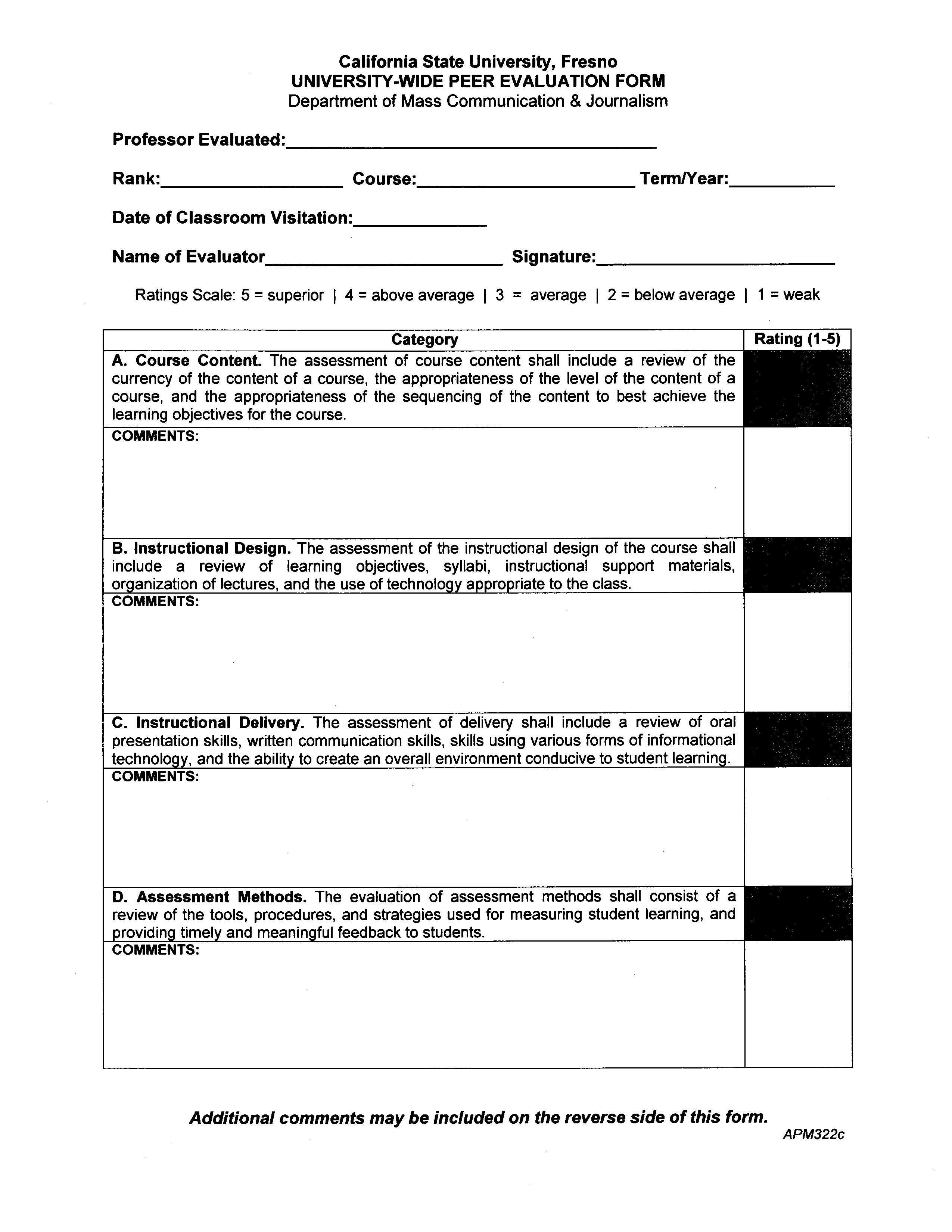 University-wide peer evaluation form with assessment categories and rating scale