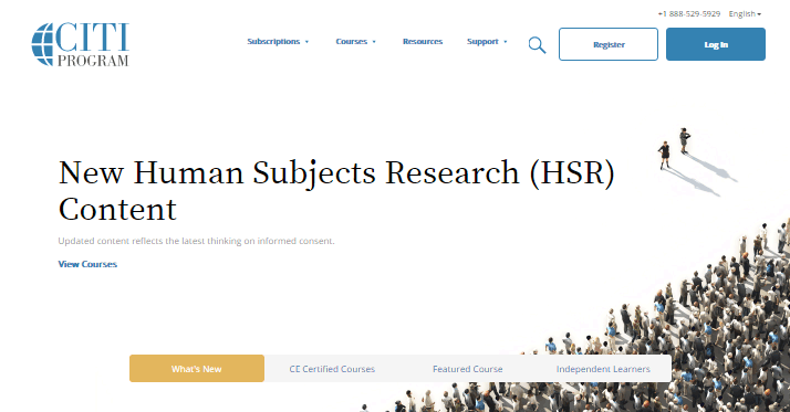 CITI program homepage with Register button and New Human Subjects Research content