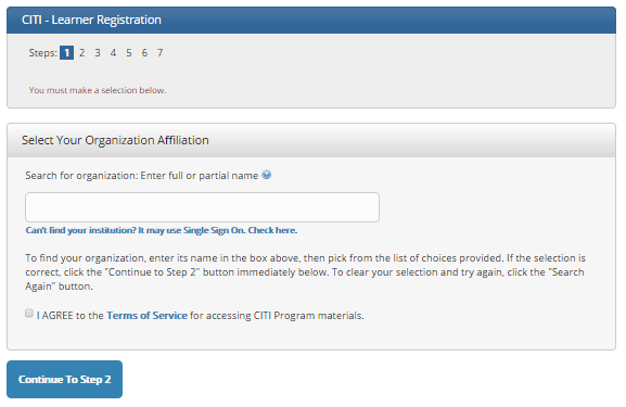 CITI learner registration page showing Step 1 organization affiliation search