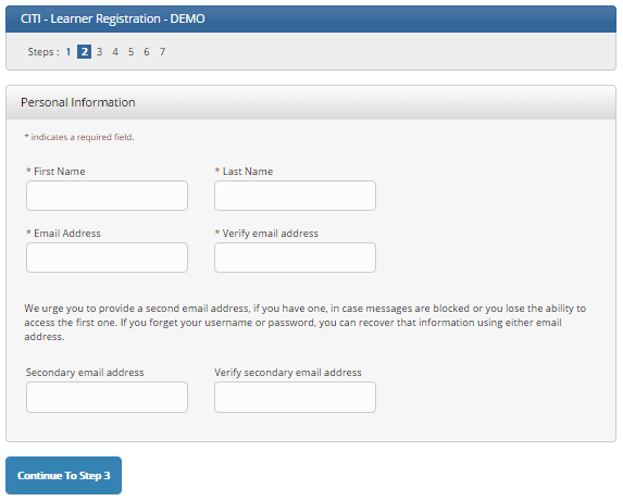 CITI learner registration page showing Step 2 personal information fields