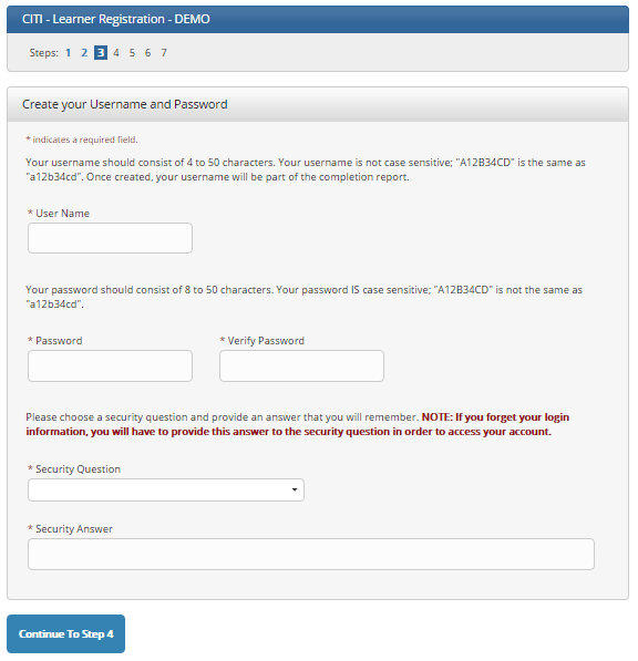 CITI learner registration page showing Step 3 username, password, and security question fields