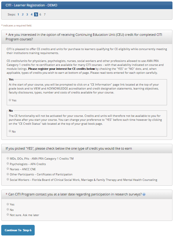 CITI learner registration page showing Step 5 continuing education and research survey options