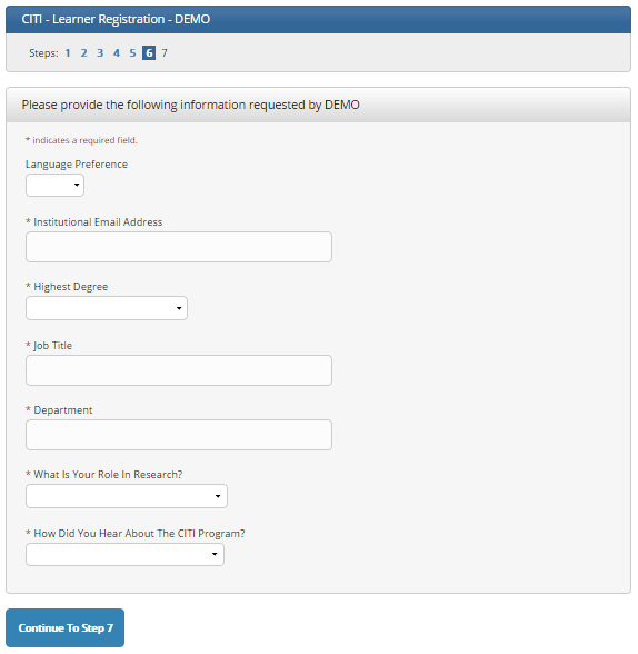 CITI learner registration page showing Step 6 organization specific fields