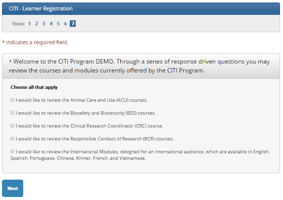 CITI learner registration page showing Step 7 course selection options