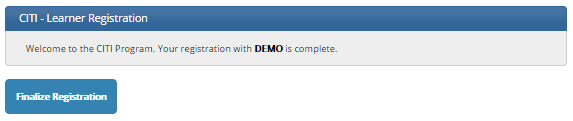 CITI learner registration page showing Finalize Registration button