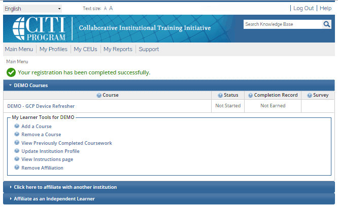 CITI Main Menu page showing completed registration and course list