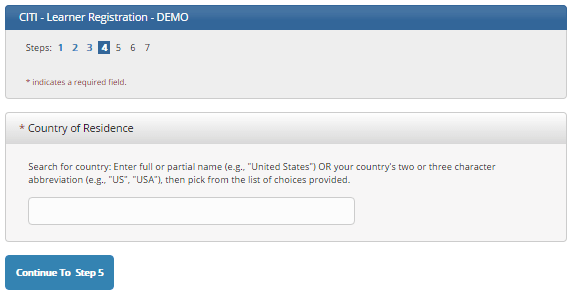 CITI learner registration page showing Step 4 country of residence