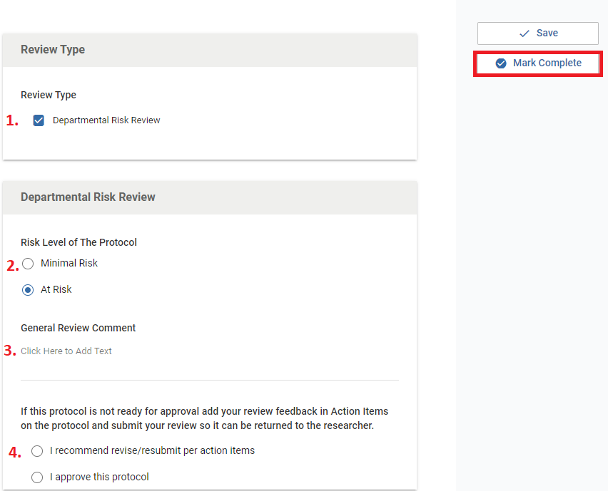 Checklist fields for review type, risk level, and general review comment