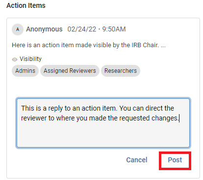 Anonymous action item reply dialog