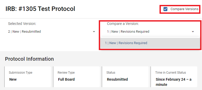 Compare versions protocol screen