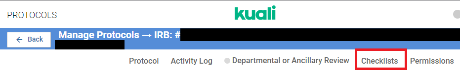 Checklists tab on protocol screen