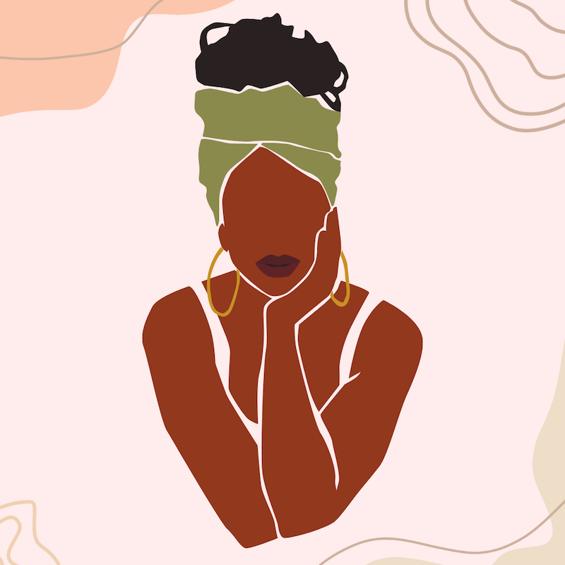 Illustration oif a Black woman wearing a green headwrap and gold hoop earrings