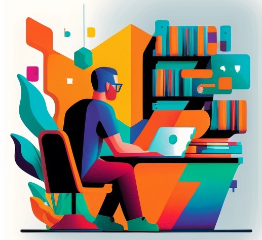 illustration of a man sitting in front of laptop