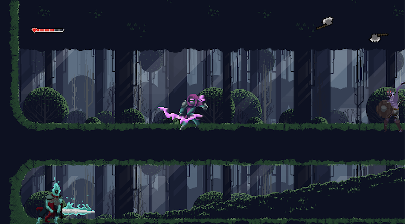Still from a student game design - characters in the forest, one with a purple bow and arrow another with a blue flaming sword
