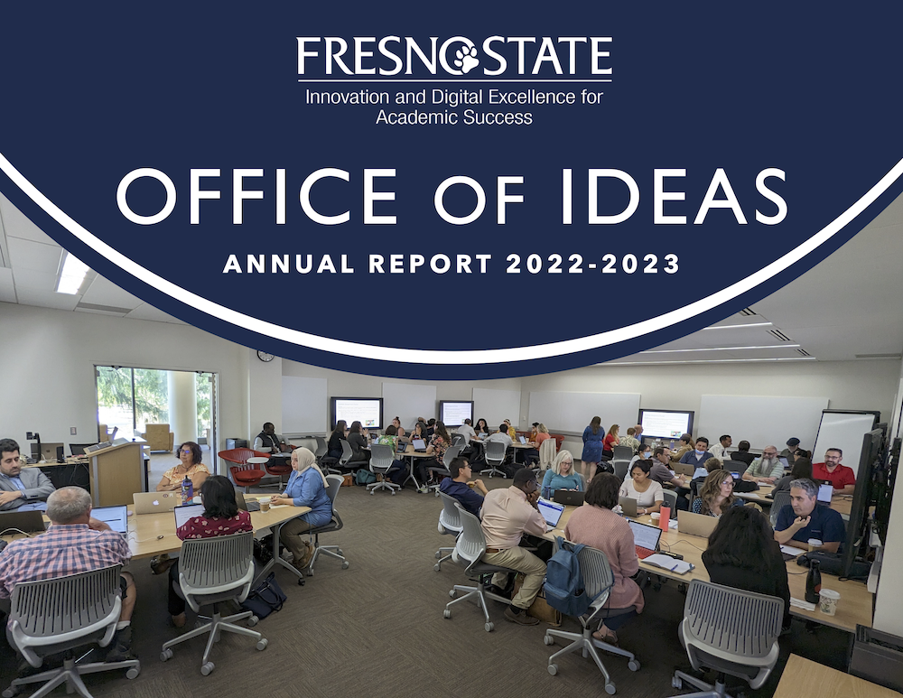 Office of IDEAS Annual Report 2022-23 cover with a photo of a large group of 40 faculty in a workshop session