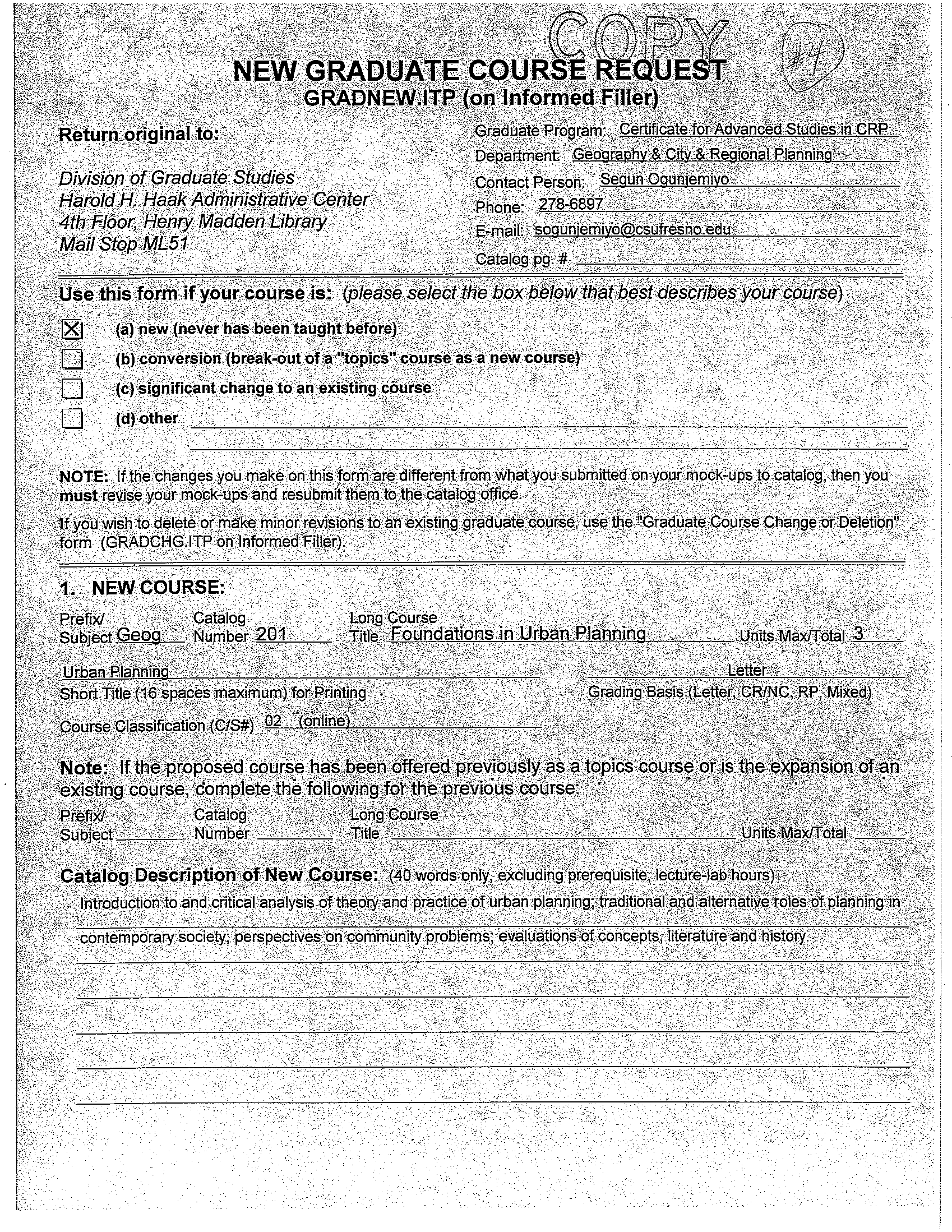 New Graduate Course Request form for GEOG 201 Foundations in Urban Planning, page 1
