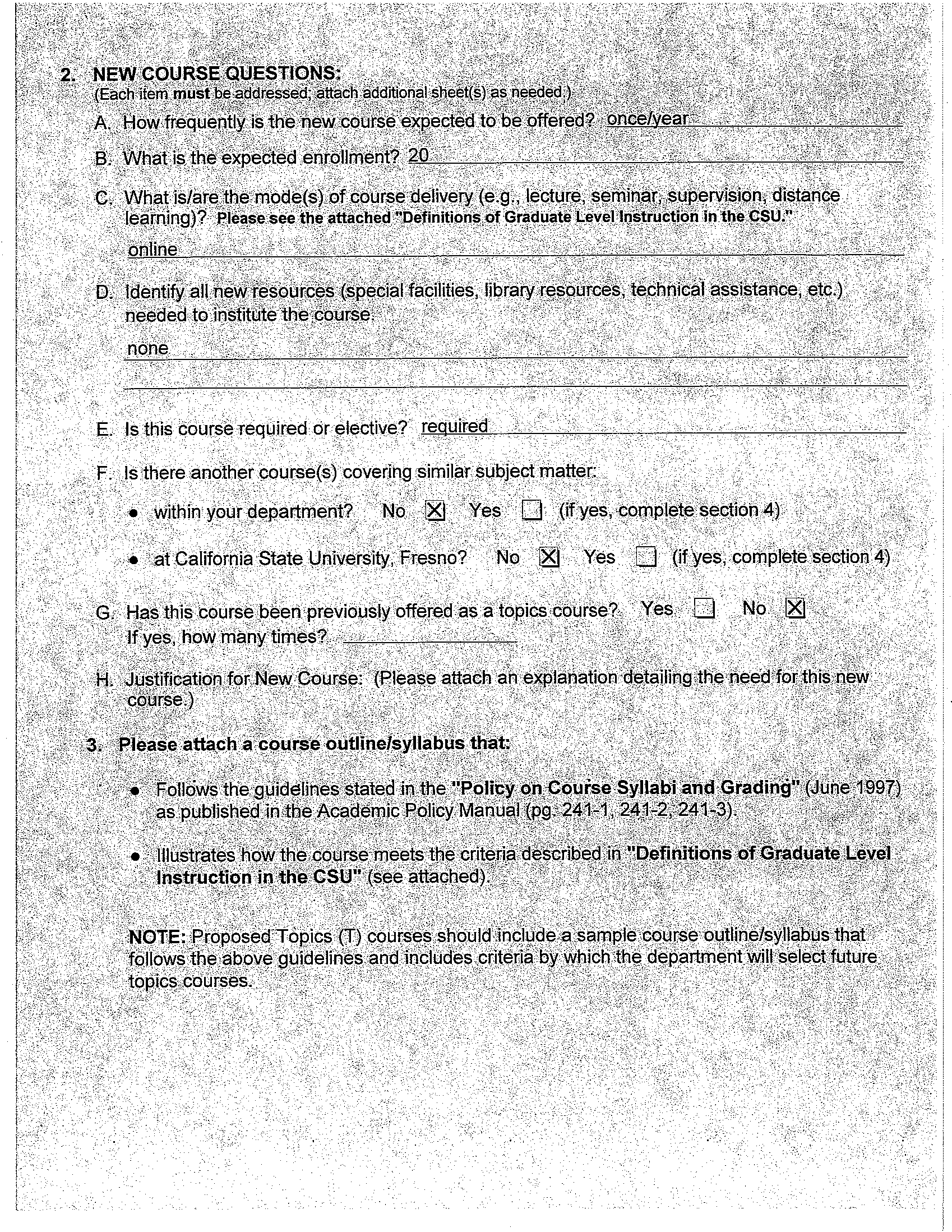 New Graduate Course Request form, page 2