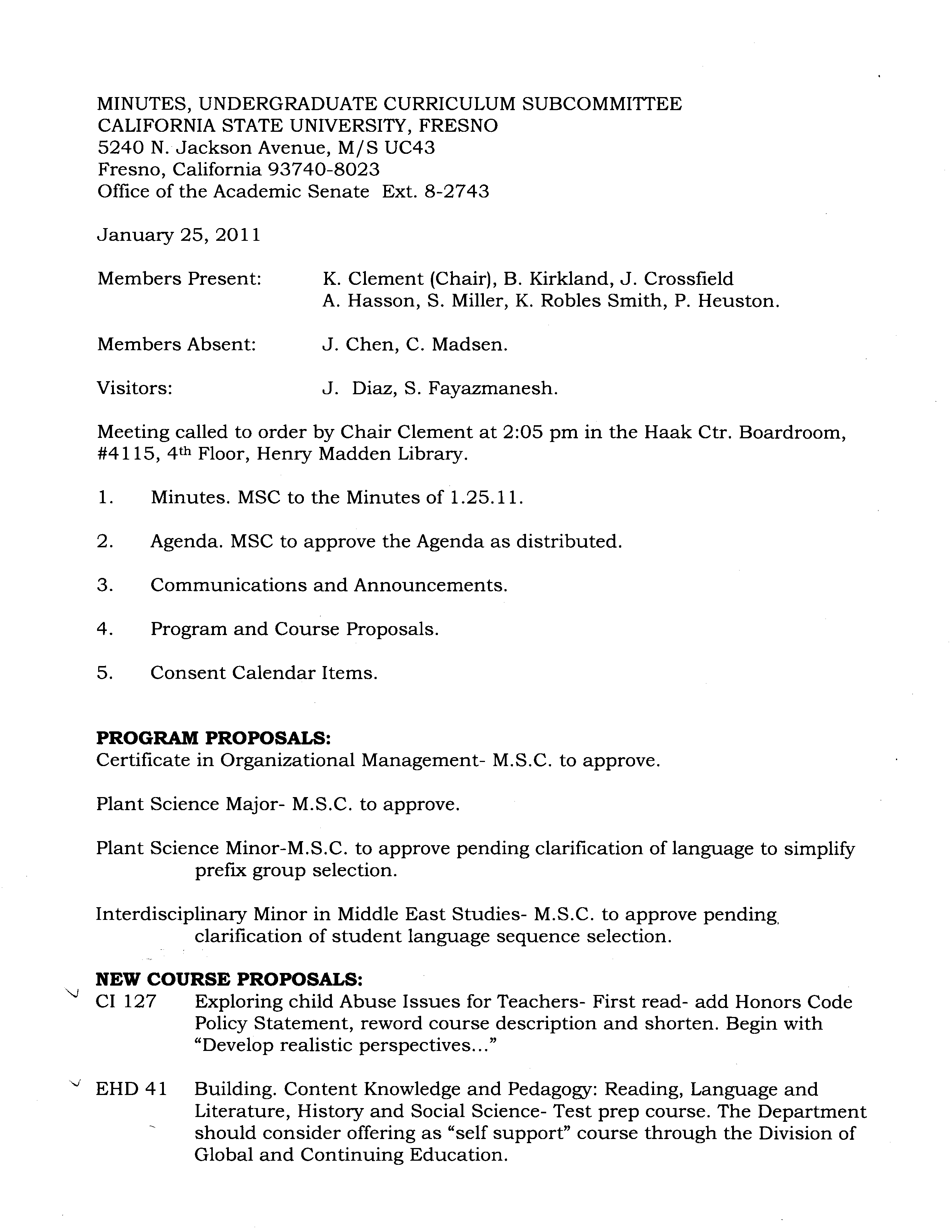 Minutes page 1 with meeting header, attendee list, agenda items, program proposals, and new course proposals