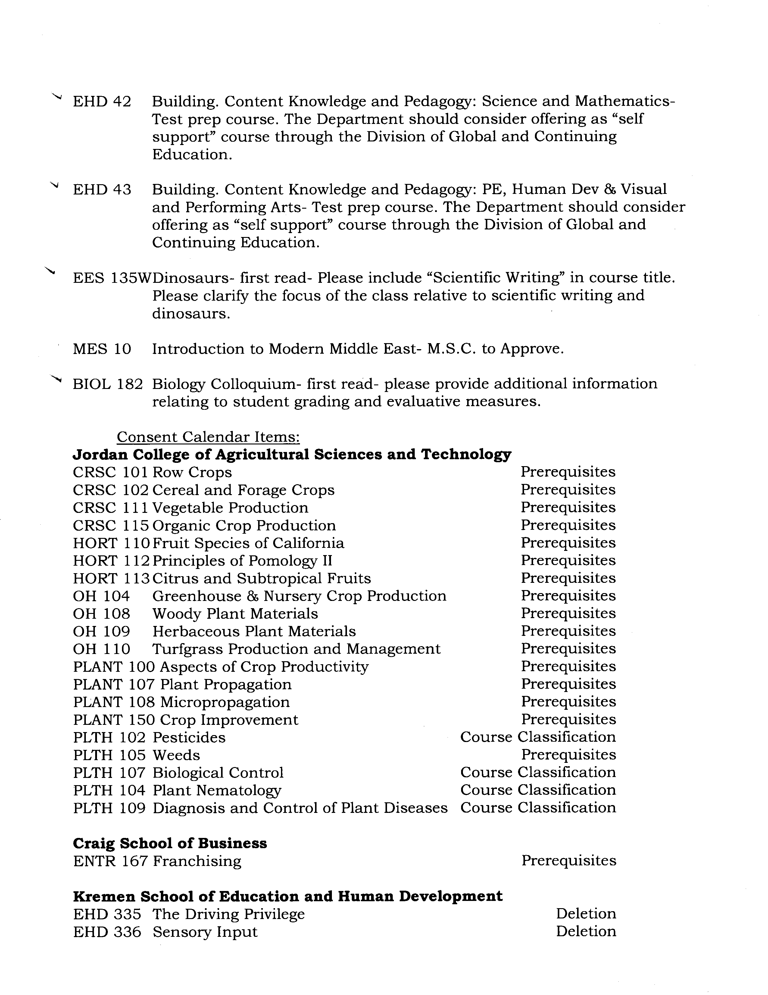 Minutes page 2 continuing new course proposals and consent calendar items