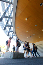 Students walking into Library